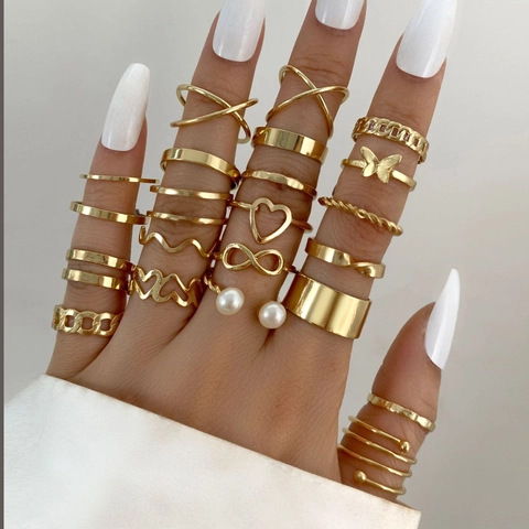 Vintage Gothic Stackable Ring Set For Women Gold Silver Alloy Heart Butterfly Pearl Bohemian Joint Finger Rings Jewelry