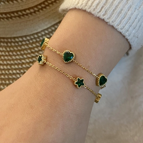 Emerald Green Heart And Star Double Layer Bracelet Stainless Steel Gold Plated Vintage Elegant Hand Jewelry For Women