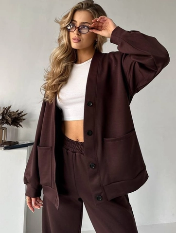 Women's Casual Cardigan Button Top And Matching Wide Leg Pants Long Sleeve Solid Sweatshirt Fabric Autumn Lounge Wear
