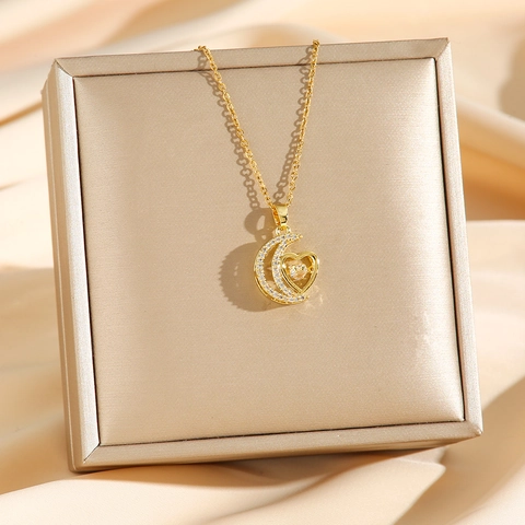 Collana Con Pendente Luna Cuore Acciaio Inossidabile Zirconia Cubica Cuore Danzante Stile Coreano Gioielli Eleganti Da Donna