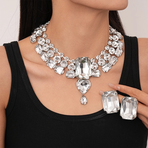 Rhinestone Heart Geometric Statement Necklace And Earrings Jewelry Copper With Silver Earring Post Women
