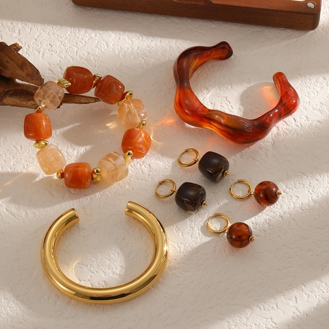 Vintage Resin Acrylic Bracelet And Earrings Retro Metal Bangle Bohemian Statement Jewelry For Women