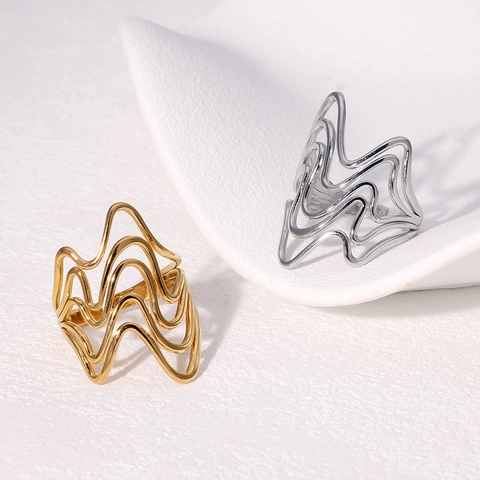 Stainless Steel Ring Women Irregular Wavy Multi Layer Hollow Design Minimalist Modern Geometric Open Adjustable Jewelry