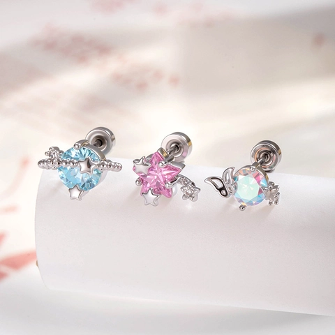 Titanium Steel Ear Cartilage Stud Pink Star Planet Design Cubic Zirconia Piercing Jewelry Wing Screw Back Sweet Cool Style
