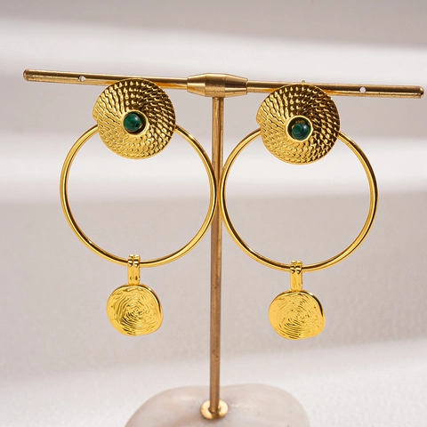 Böhmische Malachit Kupfer Große Creolen Mit Silber Ohrstecker Retro Geometrische Falten Vergoldet Für Damen
