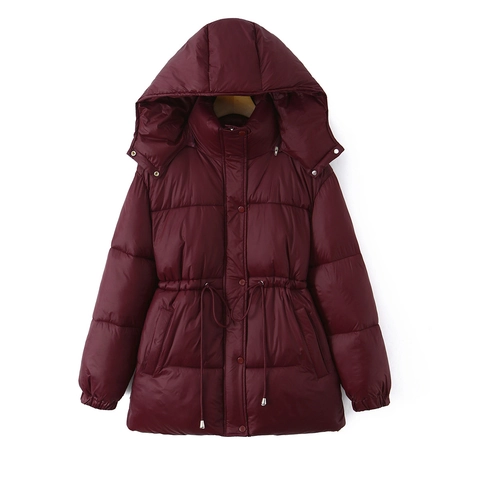 Women Mid-Length Puffer Jacket Polyester Hooded Drawstring Waist Quilted Warm Winter Coat Outerwear Retro Tribal