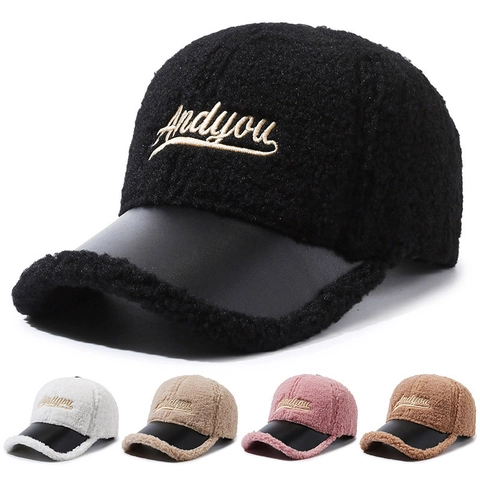 Women Winter Baseball Cap Lamb Wool Fleece Warm Windproof Leather Brim Embroidered Letters Adjustable Outdoor Hat