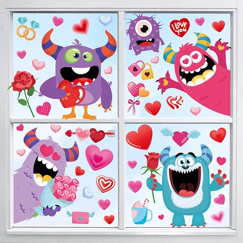 Valentine's Day Window Clings Static Stickers Heart Gnome Double Sided PVC Romantic Glass Decoration Home Shop Decor