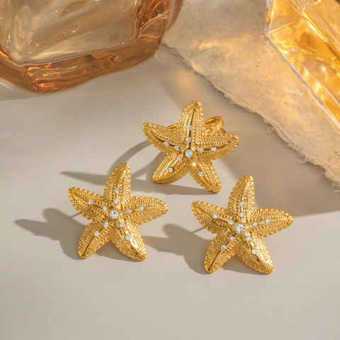 Starfish Stainless Steel Earrings And Ring With Rhinestone Gold Plated Waterproof Hypoallergenic Beach Vacation Elegant