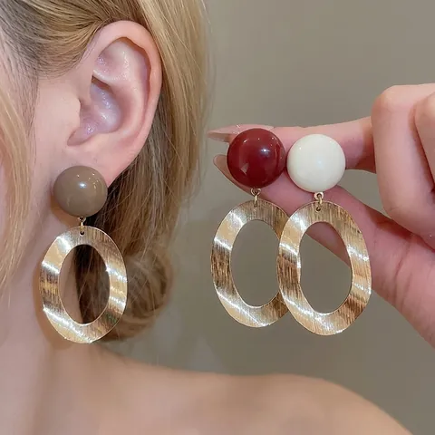 Brushed Metal Oval Loop Drop Earrings With Resin Ball And 925 Sterling Silver Earring Post Retro Geometric For Women