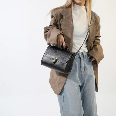 Vintage Embossed PU Leather Handbag With Metal Lock Floral Pattern Crossbody Shoulder Bag For Women