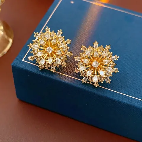 Flower Stud Earrings Copper Real Gold Plated With Zircon Marquise Cut Elegant Vintage Jewelry For Women Silver Earring Post