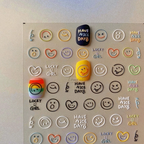 5D Embossed Nail Stickers Cartoon Bear Smiley Face Self Adhesive Manicure Decals Cute Colorful Heart For DIY Nail Art