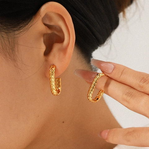 C-Shaped Hoop Earrings 18K Gold Plated Stainless Steel Braided Twisted Texture Minimalism Jewelry Gift For Women