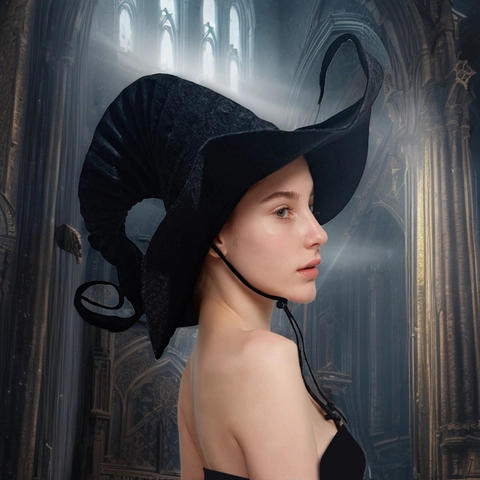 Black Pleated Witch Hat Polyester Halloween Costume Accessory With Windproof Rope Curved Peak For Cosplay Party