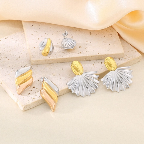 Two-Tone Stainless Steel Earrings Gold Silver Geometric Heart Fan Shape Minimalist Jewelry For Women