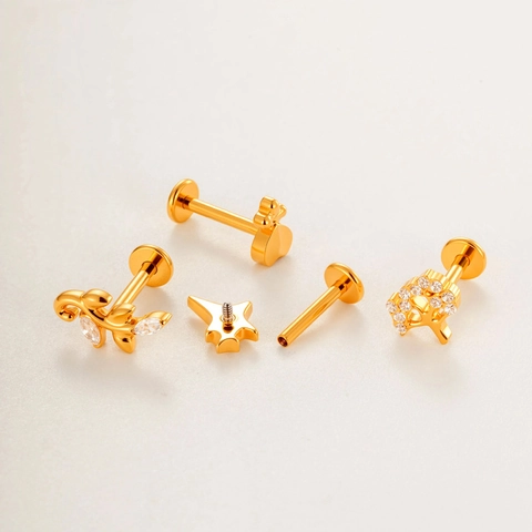 G23 Titanium Labret Stud Internally Threaded Cartilage Earring With Cubic Zirconia Heart Star Bee Tree Piercing Jewelry