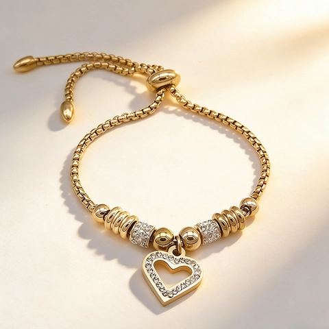 Pulsera De Corazón De Acero Inoxidable Para Mujer Cadena De Caja Ajustable Con Circonita Colgante De Corazón Elegante