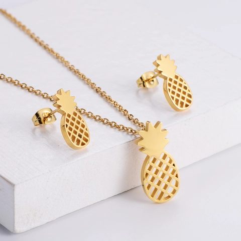 Hollow Out Pineapple Necklace And Earrings Jewelry 316 Stainless Steel 18K Gold Plated Fruit Tropical Fashion For Women