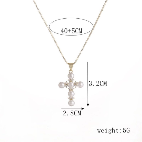 Kreuz Anhänger Halskette Kupfer Mikro Zirkonia Imitation Künstliche Perle Box Kette Elegantes Religiöses Schmuck Geschenk Für Damen