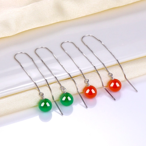 Pendientes De Hilo Plata De Ley 925 Cuenta Ágata Calcedonia Borla Larga Joyería Para Mujer