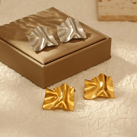 French Vintage Irregular Wave Square Earrings 18K Gold Plated Stainless Steel Crinkled Geometric Jewelry For Women