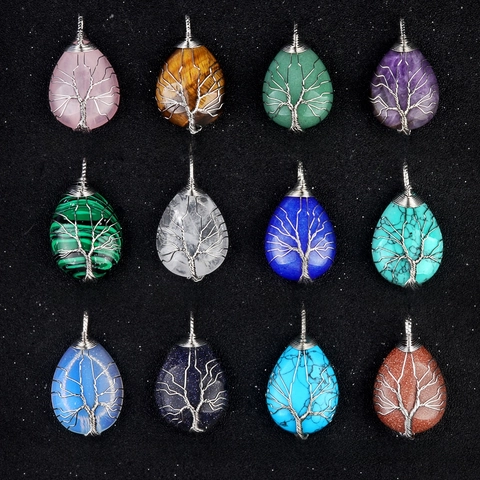 Collana Pendente Albero Della Vita Avvolto In Filo Pietra Cristallo Naturale Goccia Ametista Quarzo Gioielli Guarigione