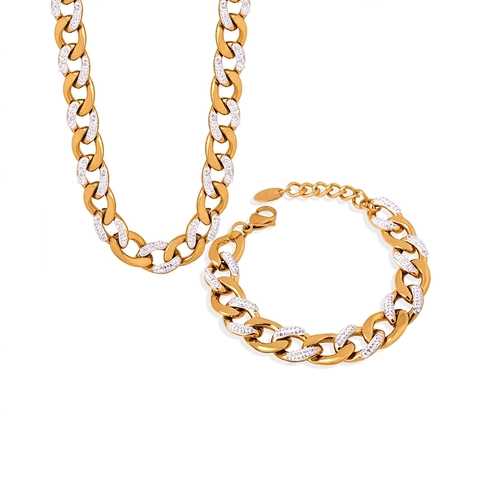 Collana E Bracciale Maglia Cubana Acciaio Al Titanio Placcato Oro Strass Hip Hop Streetwear Lusso Trendy Unisex