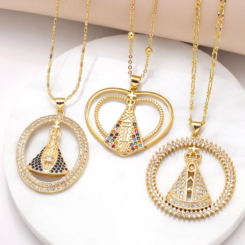 Collana Con Ciondolo Vergine Maria Religiosa Cattolica Oro Placcato Rame Zirconia Cubica Colorata Cuore Ovale