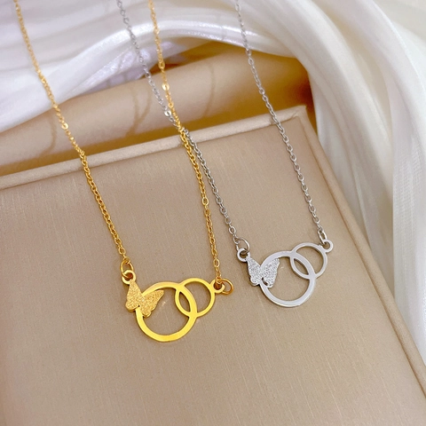 Titan Stahl Schmetterling Doppelring Halskette Für Frauen Minimalistische Schlüsselbeinkette Strass Schmuck Geschenk