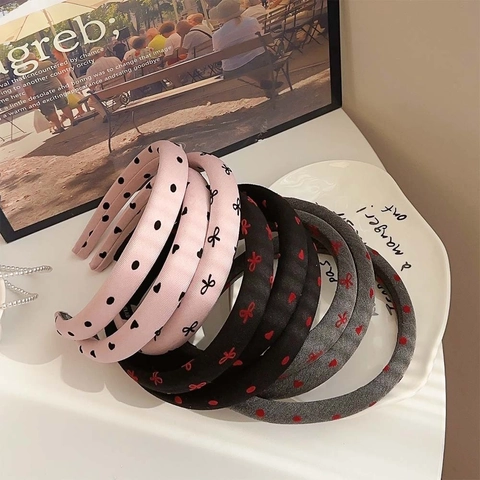 Sweet Korean Style Sponge Padded Headband Cloth Fabric Polka Dot Heart Bowknot High Top Hairband For Women Girls