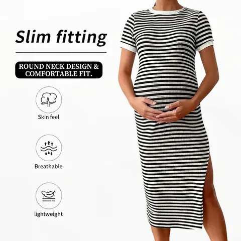 Maternity Striped Dress Slim Fit Short Sleeve Side Split Round Neck Polyester Elastane Casual Pregnancy Apparel For Women