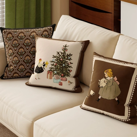 Weihnachten Kissenbezug Vintage Illustration Kurzplüsch Doppelseitig Bedruckt Dekokissenbezug Sofa Home Decor Nordic Style