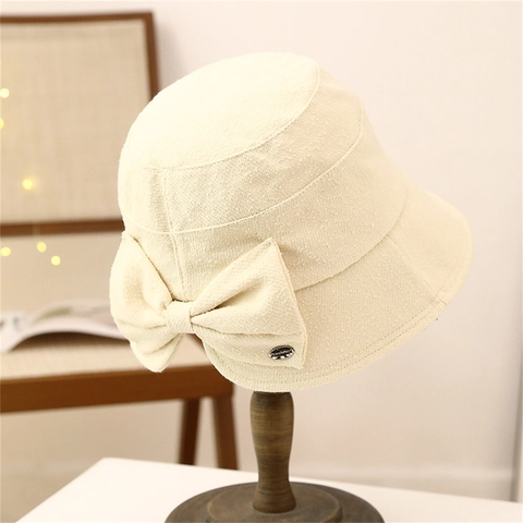 Japanischer Stil Damen Herbst Fischerhut Mit Großer Schleife Texturierter Polyester Sonnenschutz Hut Elegant Lässig
