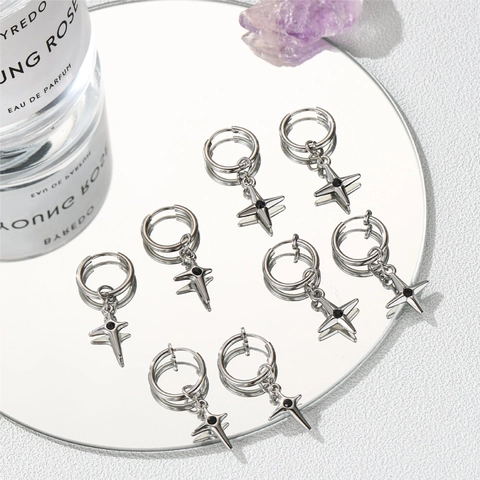 Hoop Earrings Stainless Steel Star Cross Pendant Black Stone Cool Punk Chic Style Silver Tone Jewelry For Men Women