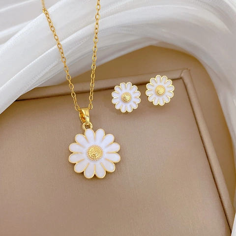 Madeliefje Zonnebloem Sieraden Verguld Roestvrij Staal Wit Emaille Florale Ketting En Oorknopjes Voor Dames