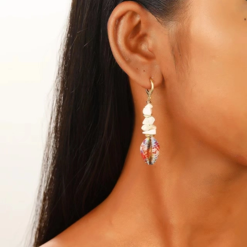 Bohemian Shell Drop Earrings Natural Turquoise Strawberry Crystal Alloy Beach Vacation Ethnic Vintage Women Jewelry