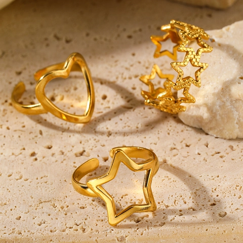 Hollow Heart Star Stainless Steel Rings Adjustable Open Fashion Gold Silver Tone Jewelry For Women Chic