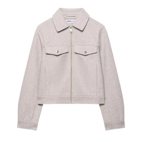 Women's Cropped Woolen Texture Jacket Zip-Up Lapel Collar Coat With Chest Pockets Fashion Casual Solid Polyester Outerwear
