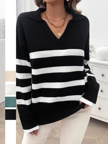 Gestreifter Pullover Viskose Nylon Strick V-Ausschnitt Polo Kragen Lose Langarm Freizeit Damen Strickmode