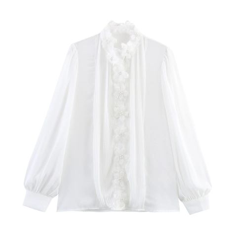 Elegante Damen Bluse Weiß Polyester Lange Laternenärmel 3D Blumen Artificial Pearl Akzente Plissee Vintage Oberteil