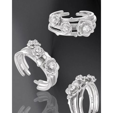 S925 Sterling Silber Rose Blume Ring Für Damen Verstellbar Mehrlagige Linie Offener Fingerring Zirkonia Eingelegt Schmuck