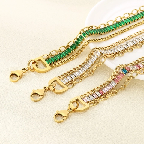 Layered Stainless Steel Bracelet With Colorful Cubic Zirconia Adjustable Fashion Jewelry For Women