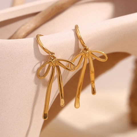 Ribbon Bowknot Hoop Earrings Stainless Steel 18K Gold Plated Long Dangle Chic Jewelry For Women
