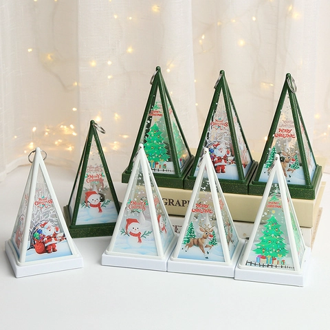 LED Christmas Lantern Triangular Decorative Night Light ABS Glass Warm Atmosphere Lamp For Holiday Desktop Ornament