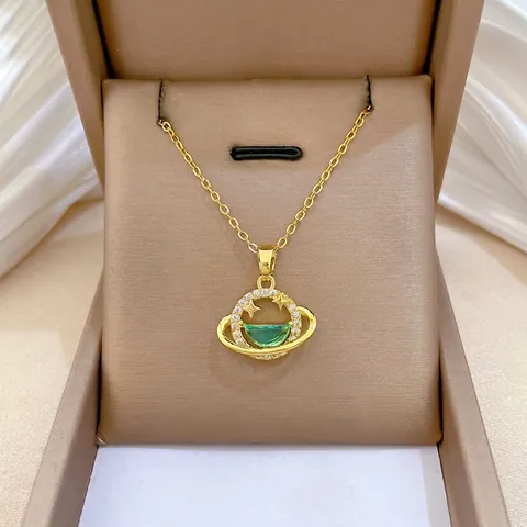 Planeet Hanger Ketting Met Groene Zirkoon Roestvrijstalen Ketting Koperen Strass Sieraden Voor Dames