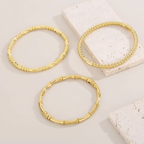 Bracciale Rigido In Acciaio Inossidabile Per Donna Placcato Oro 18K Design Bambù Perle Gioielli Minimalisti