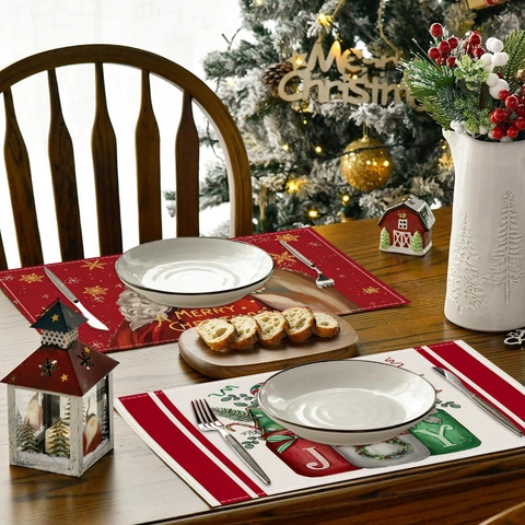Christmas Placemats Waterproof Linen Polyester Heat Resistant Non Slip Holiday Dining Table Decor Santa Reindeer Print