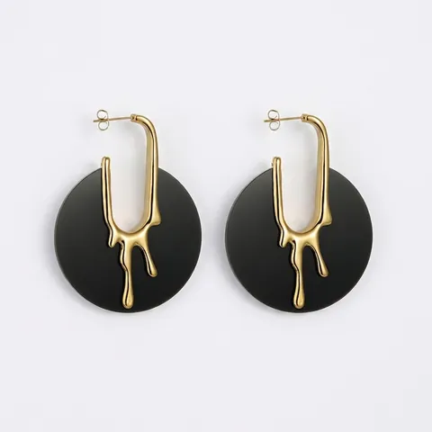 Retro Western Style Stainless Steel Lava Fluid Geometric Round Stud Earrings For Women Creative Personality Gold Plated Acrylic Jewelry