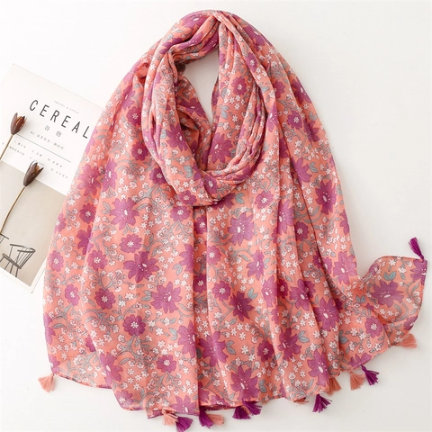 Écharpe Châle Imprimé Floral Polyester Voile Léger Protection Solaire Plage Voyage Pashmina Avec Glands Pour Femmes